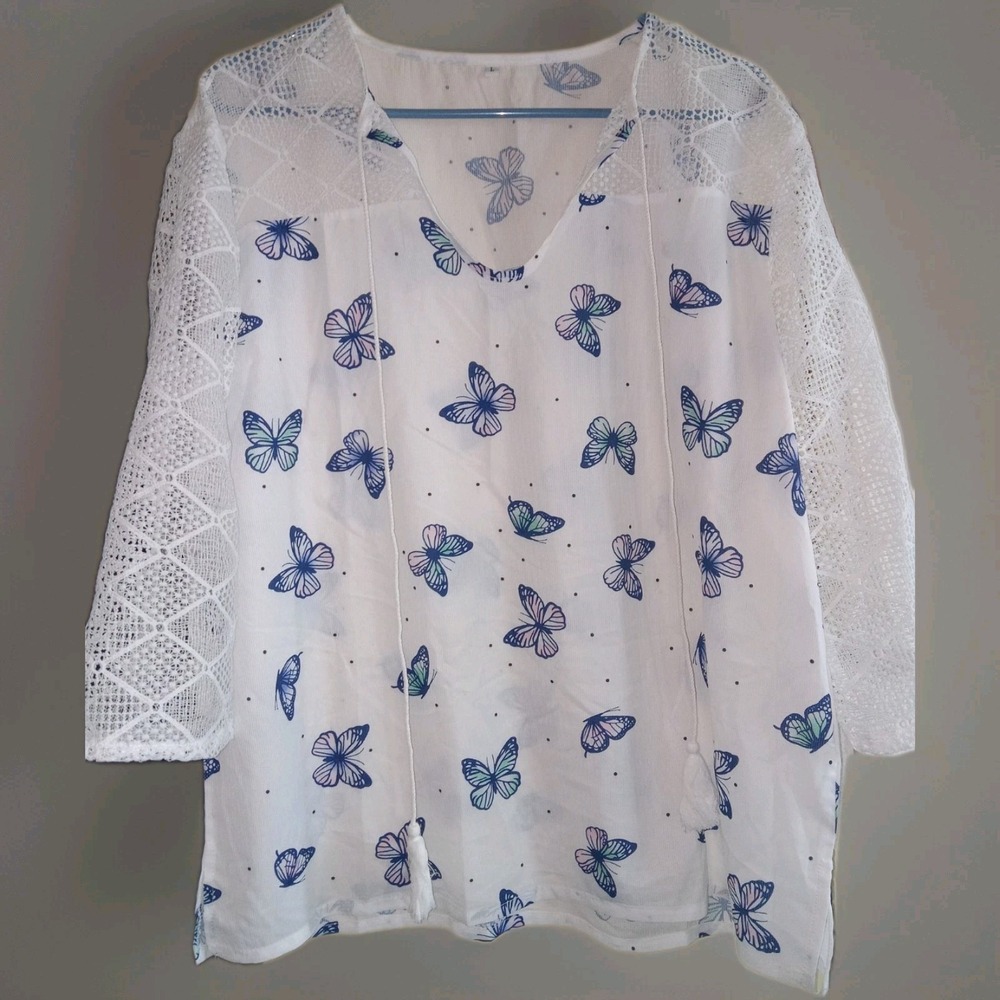 Misslook‎ White Butterfly Crochet Sz L Blouse Whimsigoth Sheer Cottagecore Top